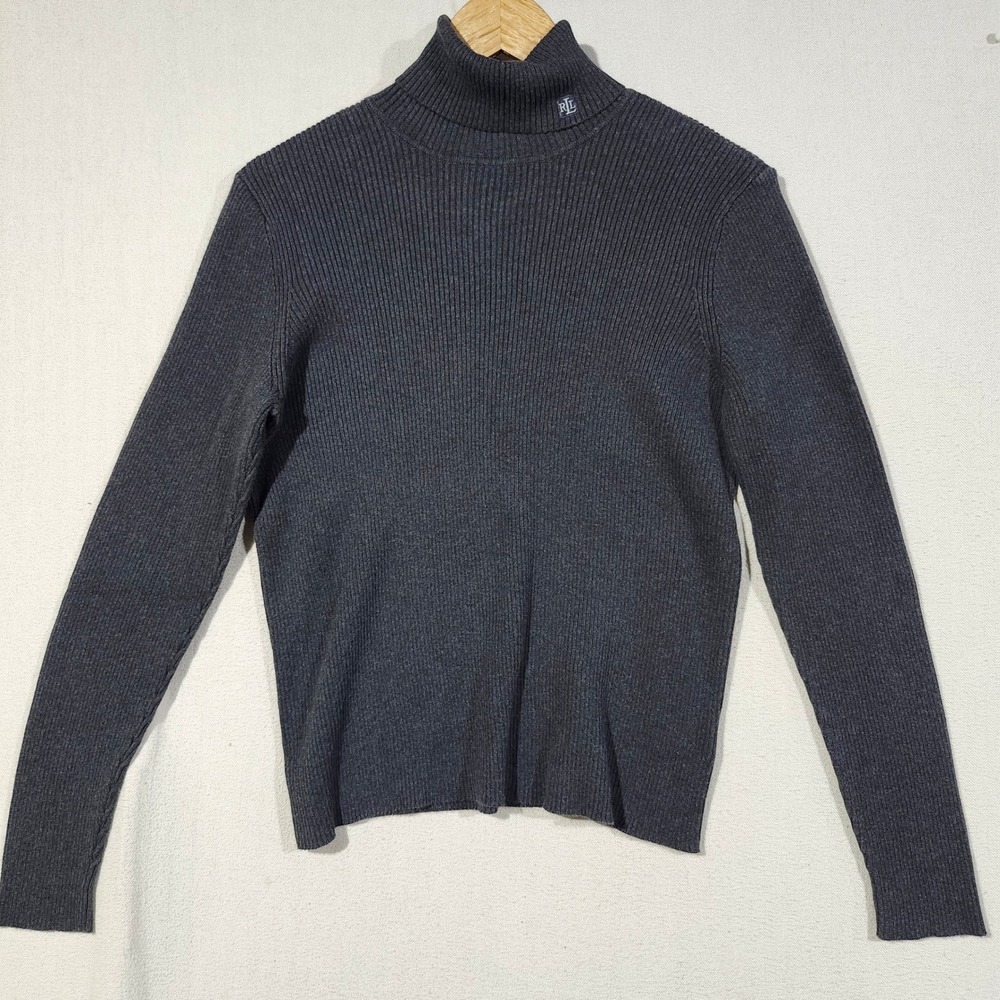 Lauren Ralph Lauren Women Petite Large Grey Ribbed Cotton Turtleneck Sweater